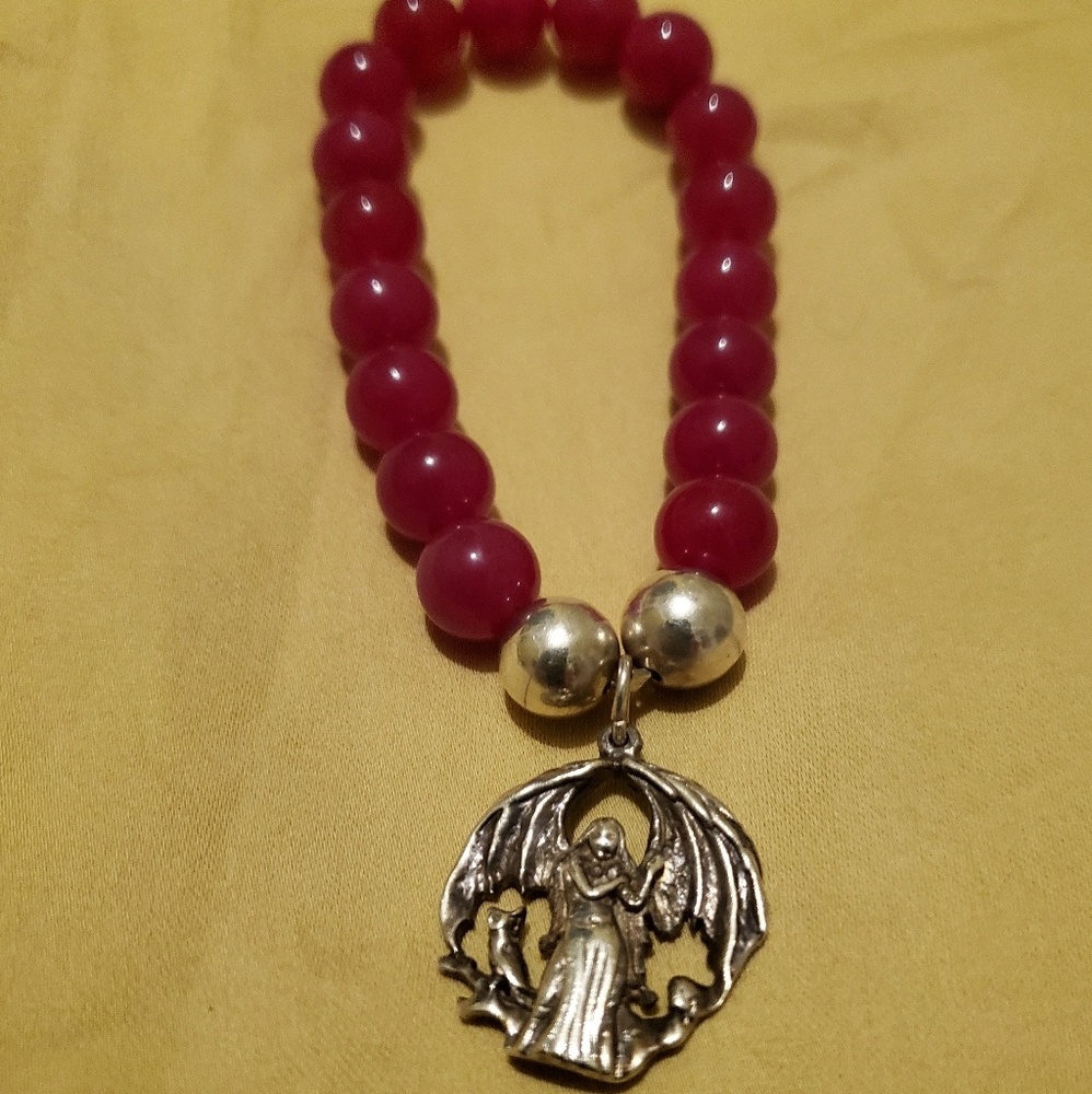 Maroon Beaded Bracelet with Silver Angel Emblem